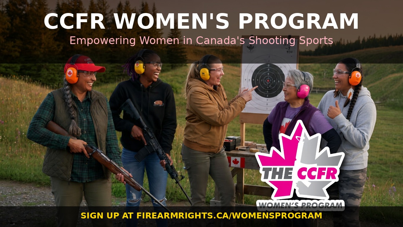 Diverse group of Canadian women of different ages at an outdoor shooting range in Canada during golden hour, engaged in safe firearm activities with a positive community atmosphere.